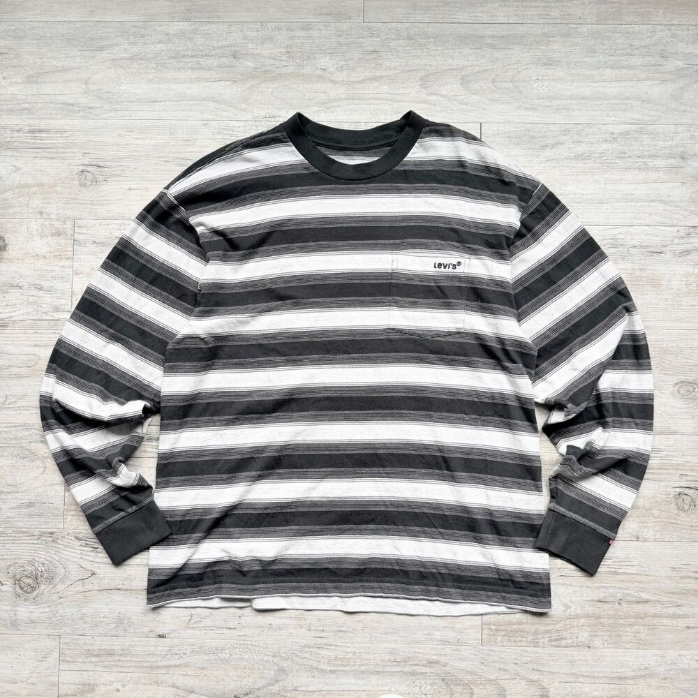 Levi’s Men’s Medium Black Gray Stripe Long Sleeve Pocket T Shirt Skater 90s
